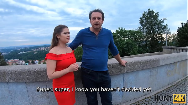 HUNT4K. Prague girl in beautiful red dress takes it off for cash with dads permission
