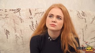Debt4k. Cunning guy fucks shaved pussy of red-haired cutie