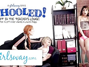 Girlsway Teen Caught in Teachers Lounge by 2 MILFs amp; Gets