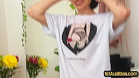 Cute skinny babe masturbating on casting